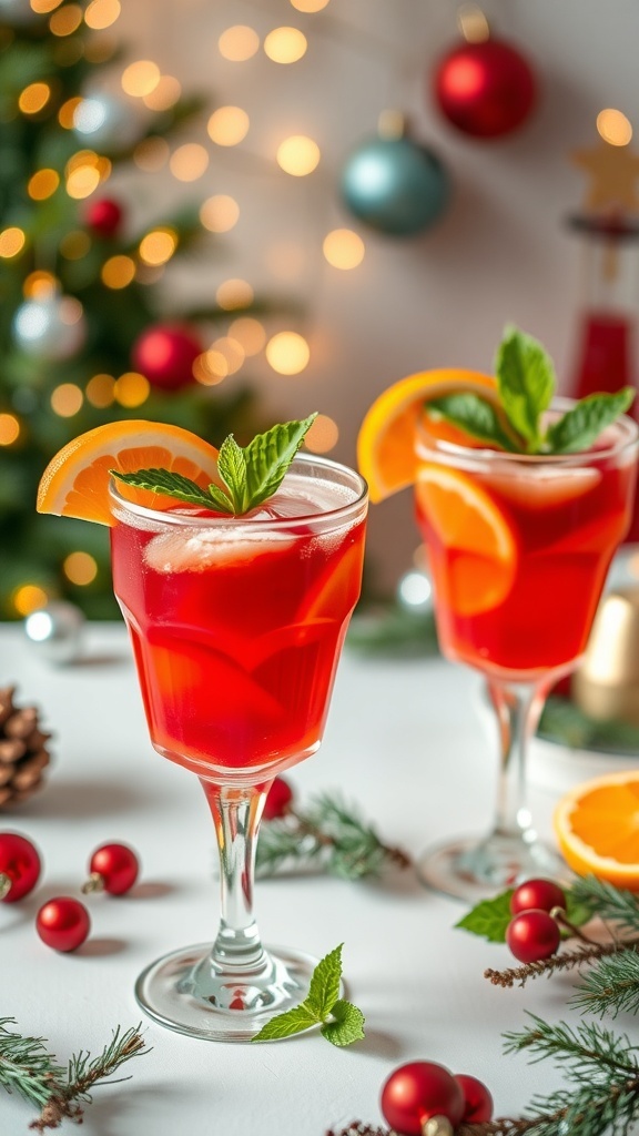 Colorful non-alcoholic Christmas cocktails for kids with fruit garnishes on a festive table.